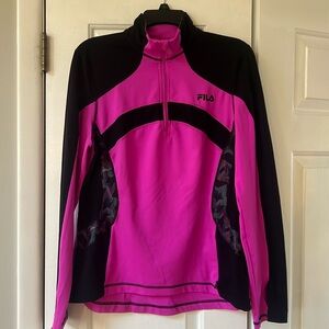 Fila long sleeve workout top with zip neck, pink and black, size large